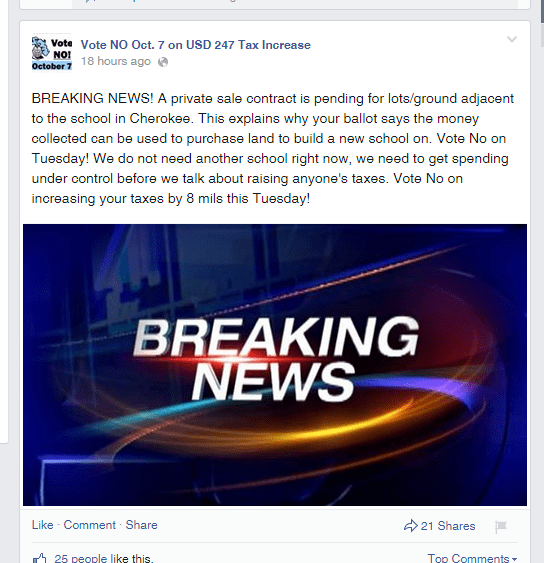 Screen capture of a Facebook post made October 7 2014 falsely accusing USD 247 Southeast of purchasing property.