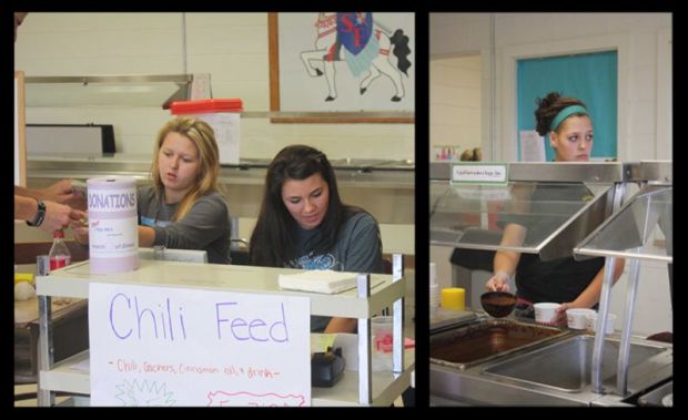 (Left) FBLA President Kelsey Dietz and Treasurer Alex Andrews take tickets and money at the FBLA Chili Feed. (Right) Bri Johnson serves chili at the FBLA Chili Feed.