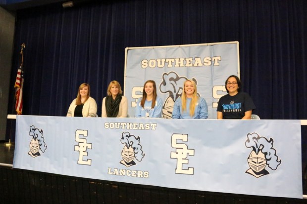 Southeast senior Madison Bone has signed to play volleyball at Labette Community College.  The future veterinarian was recognized at a recent Southeast High School assembly with her family and coach.  Left to right are Jessica Renn, Janice Bone, Madison Bone, Christine Bone, and SHS Volleyball Coach Maya White.