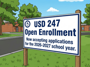 USD 247 Open Enrollment sign accepting school year applications