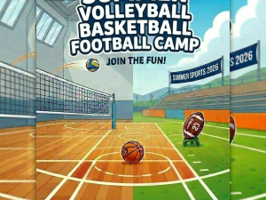 Children playing volleyball, basketball, and football outdoors under a sunny sky