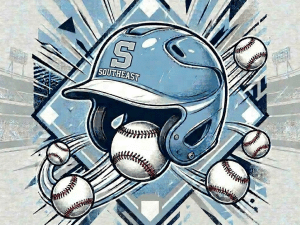 Columbia Blue baseball helmet surrounded by multiple baseballs labeled Columbia and Razorbacks.