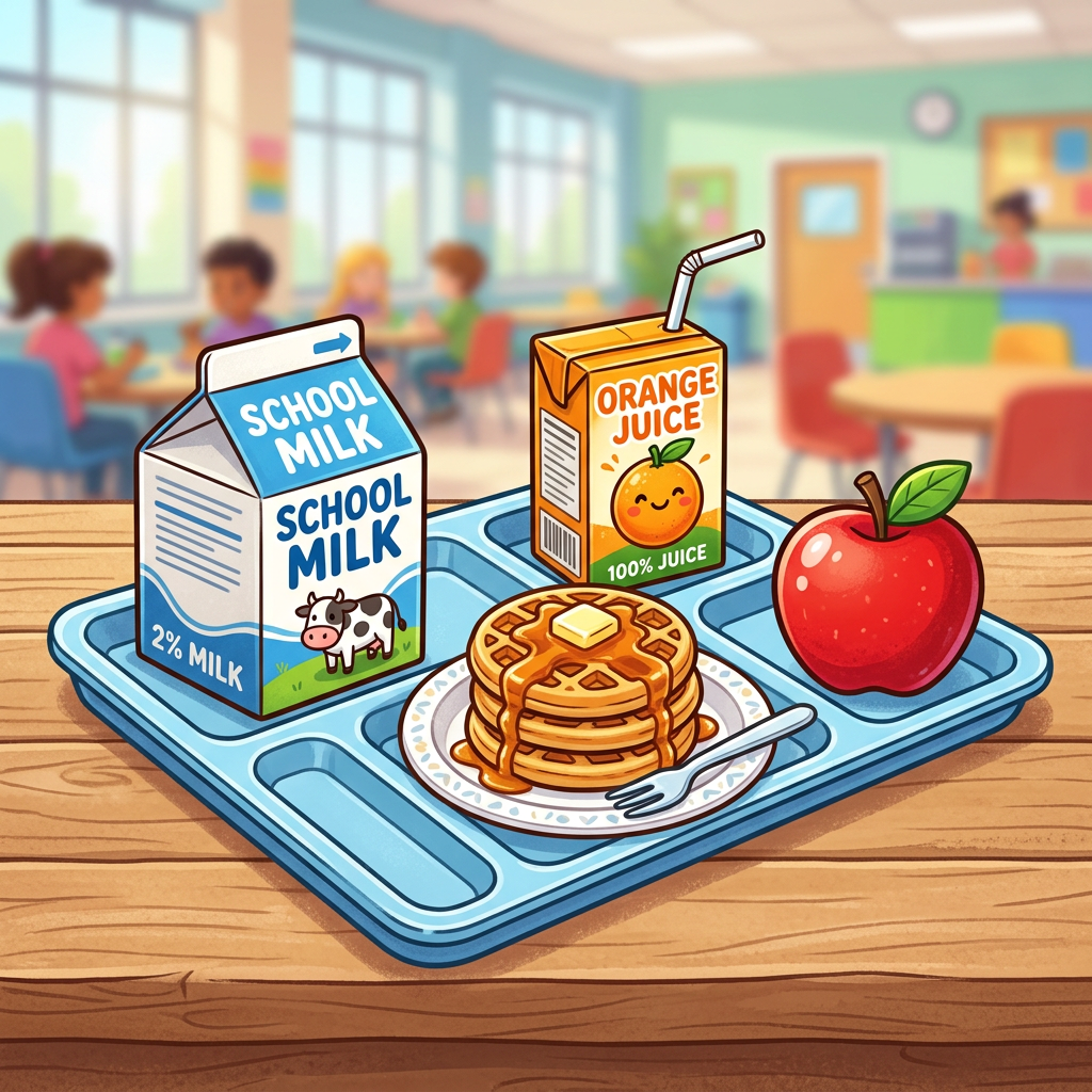 School milk carton, orange juice box, stack of pancakes with syrup and butter, and a red apple on a blue tray