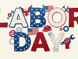 Labor Day sign with American flags, picnic food, and celebrating families