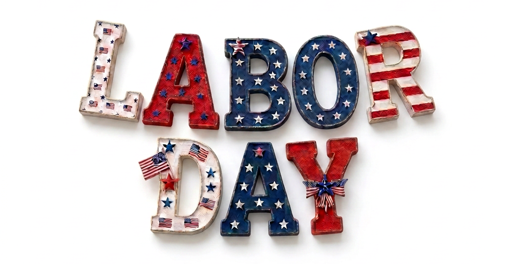 Labor Day banner surrounded by American flags at a park gathering