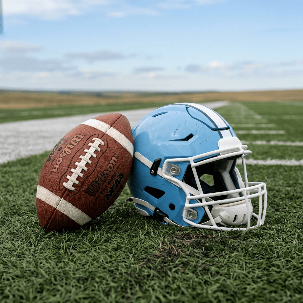 Football beside a light blue helmet on an empty stadium field
